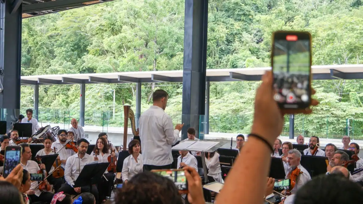Members of the Mexico State Symphony Orchestra performing on stage during their Tren Maya tour