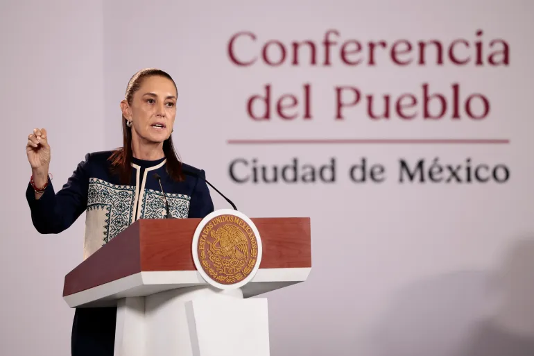 Mexican President Claudia Sheinbaum speaks at a press conference at the National Palace in Mexico City