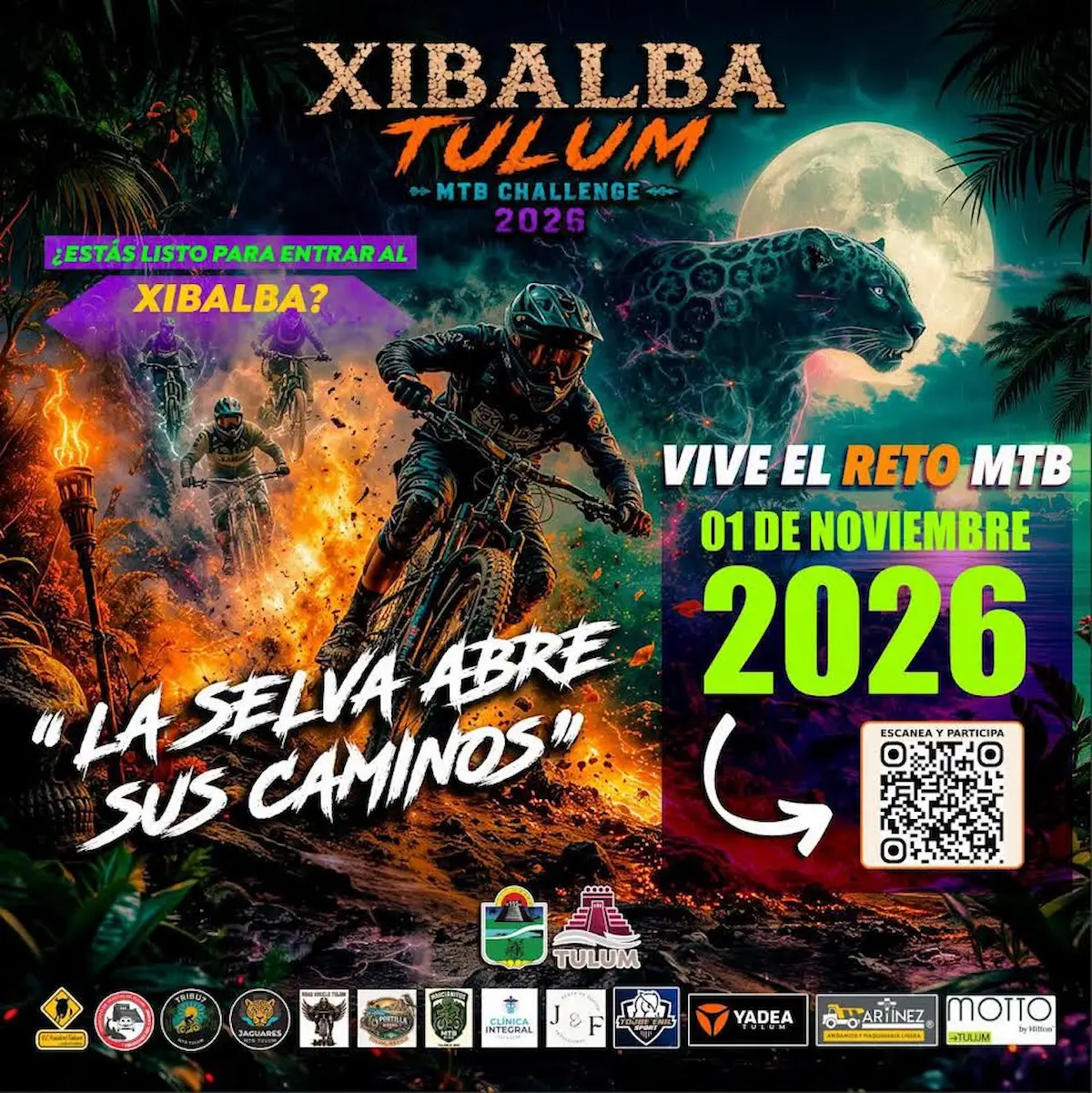 Mountain bikers riding through dense jungle trails during the Xibalba MTB Challenge 2026 in Tulum, Quintana Roo