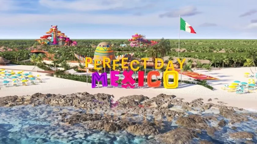A vibrant beach scene in Mexico featuring colorful letters spelling "Perfect Day Mexico" against a backdrop of palm trees, water slides, and the ocean.$#$ CAPTION