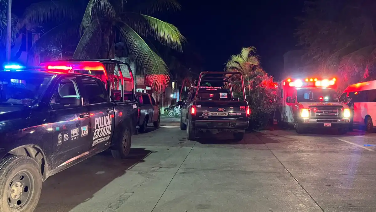 Several police pickup trucks and an ambulance with flashing red and blue lights are parked on a paved street at night beneath palm trees.