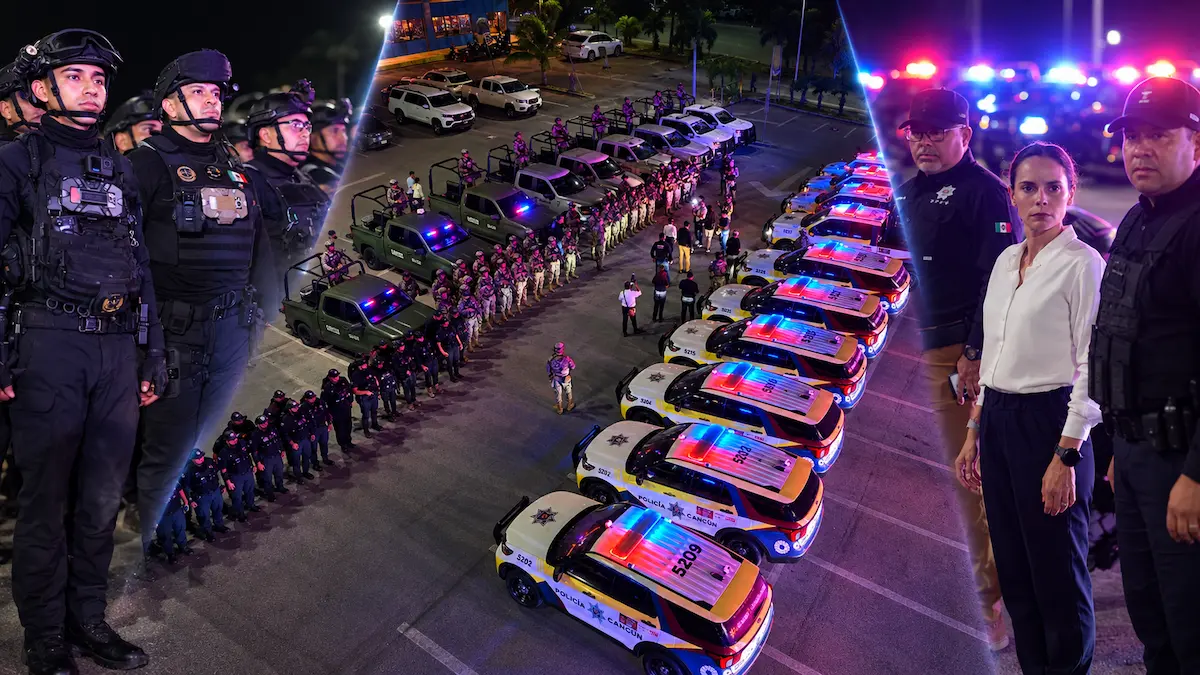 A gathering of law enforcement officers and police vehicles during a nighttime operation, showcasing enhanced police presence and coordination.$# CAPTION