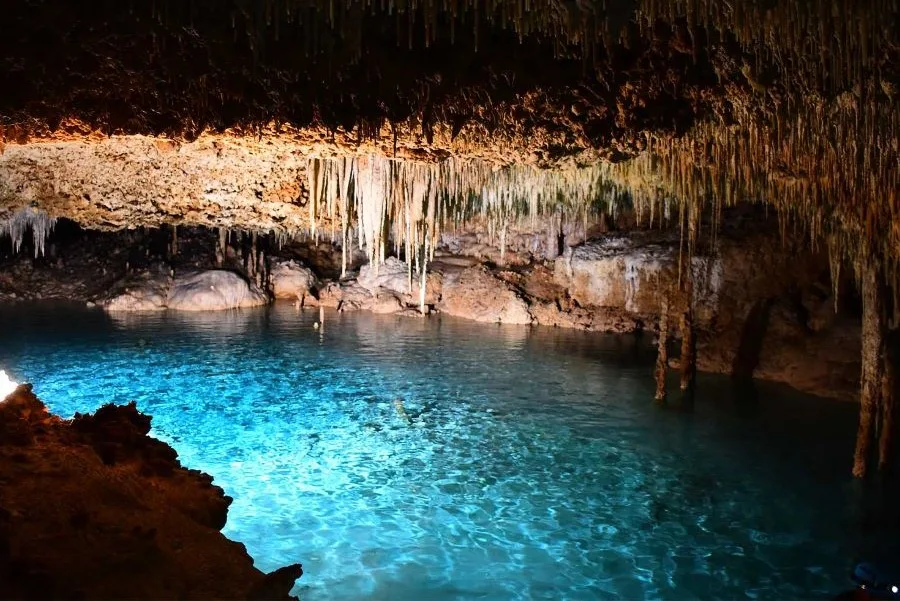 Turquoise water inside a cenote connected to the underground river system beneath Quintana Roo, Mexico