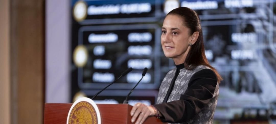 Mexican President Claudia Sheinbaum speaking during her daily morning press conference in Mexico City