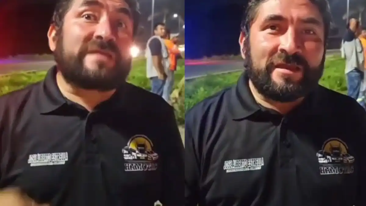 Two side by side images show a bearded man in a black polo shirt with a logo, standing outdoors at night with people in the background.