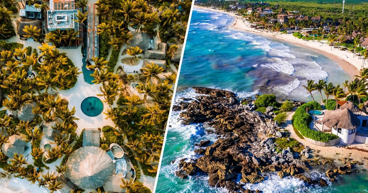 A split image showing an aerial view of a resort with palm trees and pools on the left and a rocky coastline with a beach and ocean on the right.