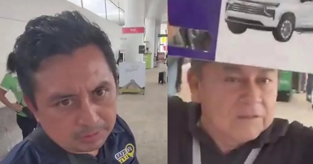 A side by side image shows a man in a dark blue shirt with a Safe Taxi logo on the left and a man holding a printed picture of a white vehicle above his head on the right.