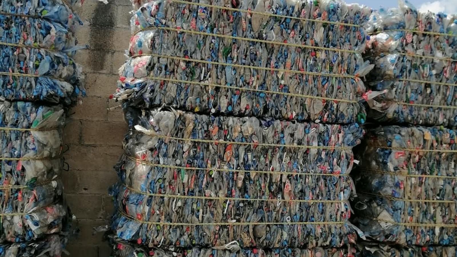 Large rectangular bales of crushed plastic bottles, mostly blue and clear, are stacked in rows and bound with yellow strapping against a concrete wall.