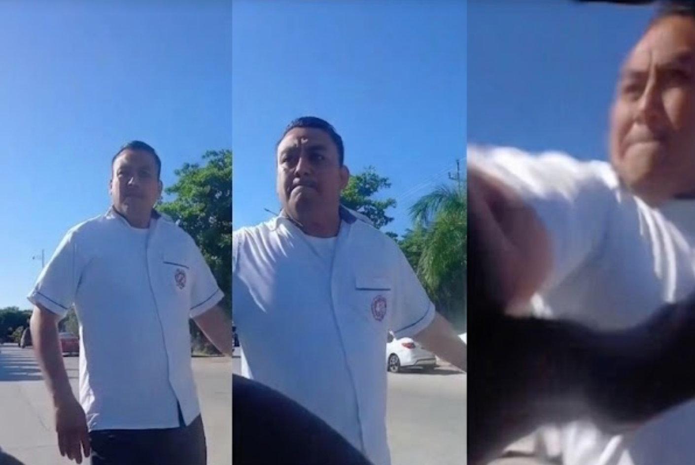 A three panel image shows a man in a white short sleeved shirt with a small chest logo standing outdoors under a clear blue sky, with the panels progressively zooming in on his face and raised arm.