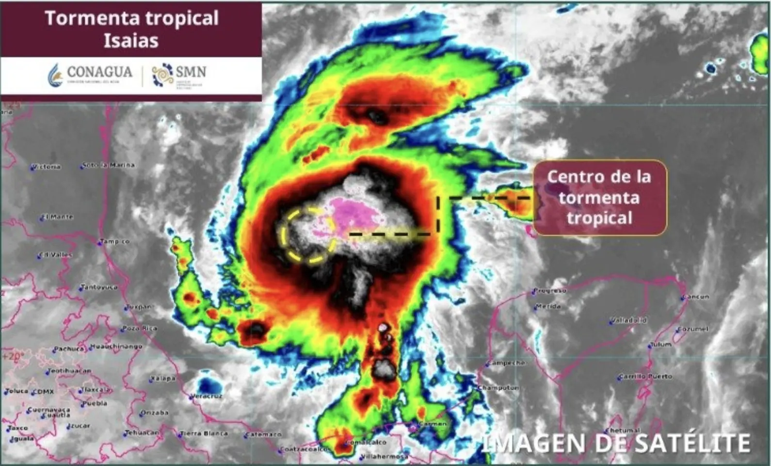Satellite view of a tropical storm system churning over the warm waters of the Gulf of Mexico