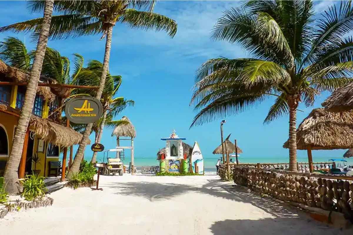 A scenic beach path with palm trees and thatched-roof structures leading to the ocean and a colorful surfboard in the background.$#$ CAPTION