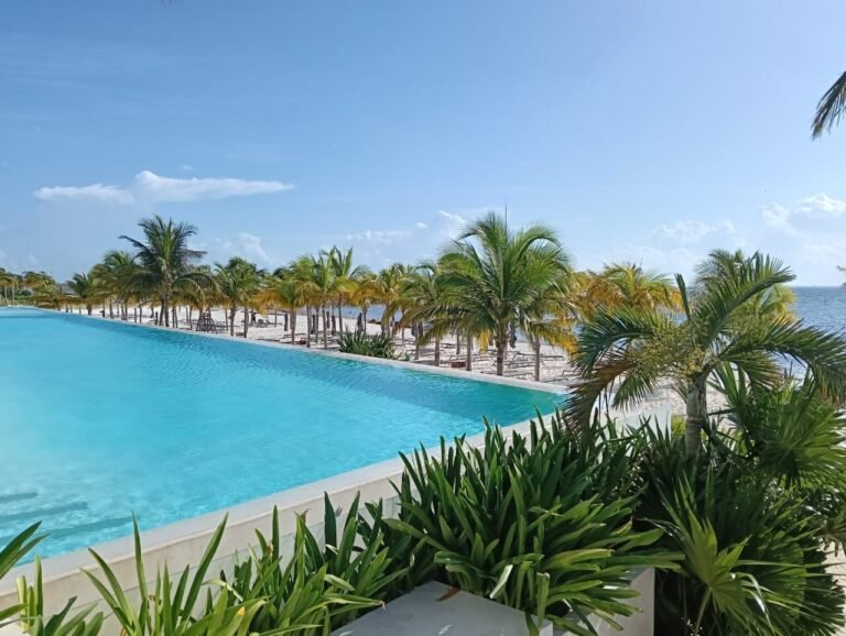 A serene view of a turquoise swimming pool surrounded by palm trees and a sandy beach under a clear blue sky.$#$ CAPTION