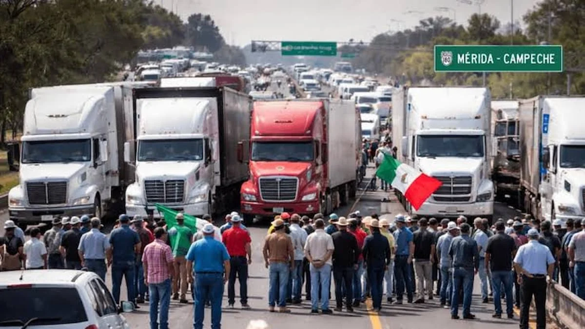 A line of large semi trucks is stopped on a multi lane highway beneath a green overhead sign reading Merida Campeche, with a crowd of people standing on the road in front of the vehicles and a Mexican flag held aloft.