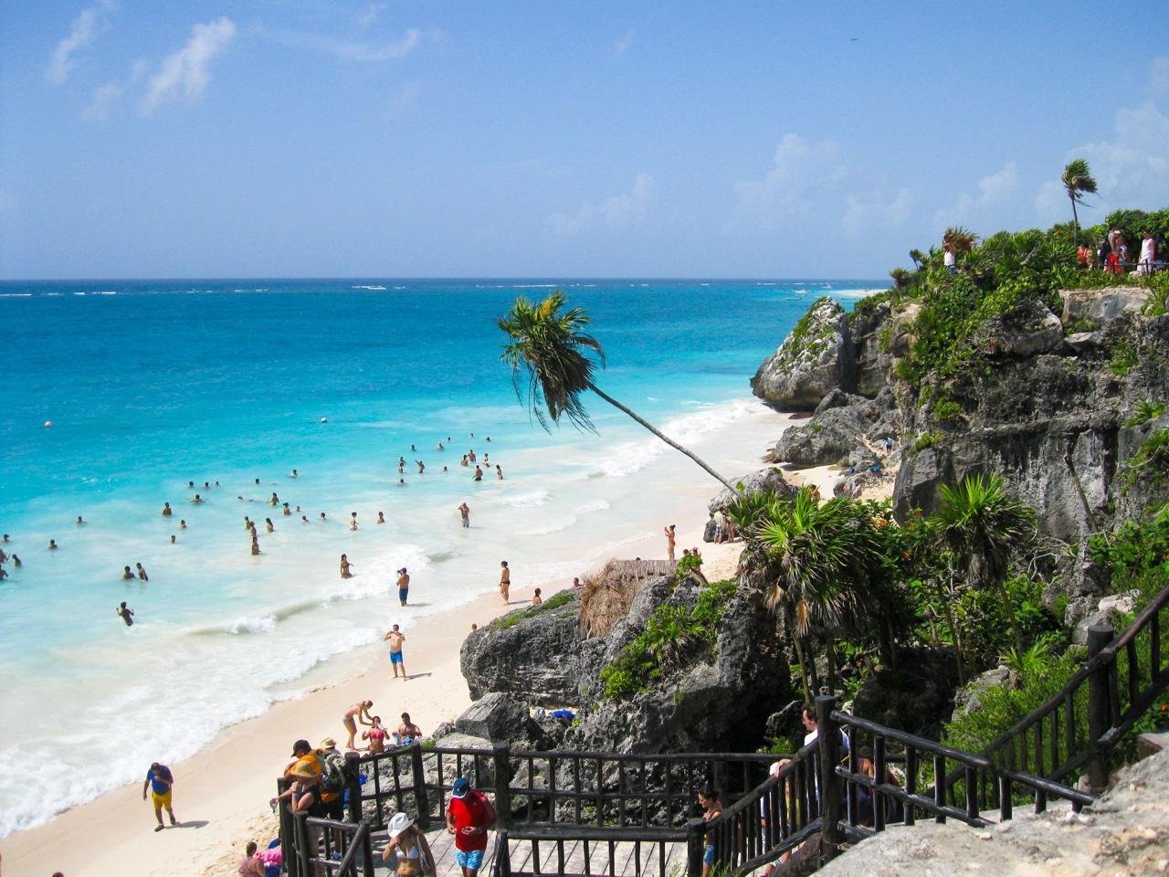 Turquoise water and white sand at a beach in Tulum, Quintana Roo, Mexico