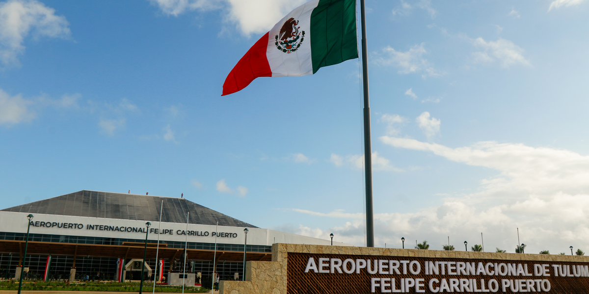 View of the terminal and apron at Tulum International Airport in Quintana Roo, Mexico
