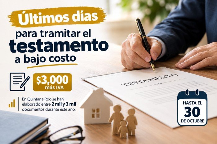 A person in a suit signs a document titled TESTAMENTO at a desk, with a price of 3000 pesos plus VAT, a deadline of October 30, and small wooden house and family figures on the table.