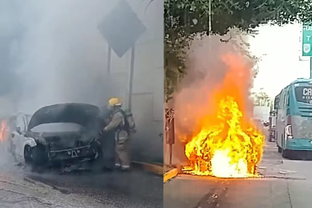 Firefighters working to extinguish a burning electric Volvo EX30 stopped on Federal Highway 307 at the entrance to Puerto Morelos, Quintana Roo