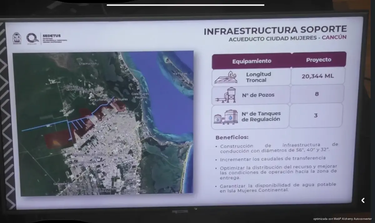 Diagram of two planned wastewater treatment plants and two aqueducts for Cancún, Playa del Carmen and Isla Mujeres Continental in Quintana Roo